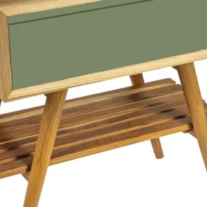 Badrumsskåp med struktur i naturlig teak och grön låda - Gatien Kampanj