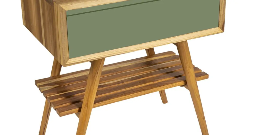 Badrumsskåp med struktur i naturlig teak och grön låda - Gatien Kampanj