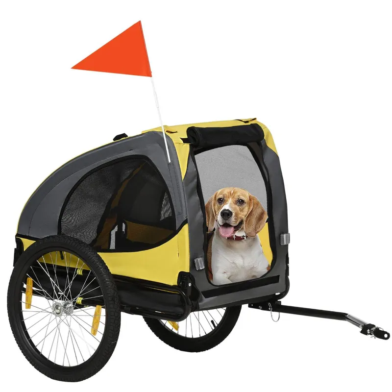 Billig Hopfällbar Hundsläp Cykelvagn Gul med Nätfönster