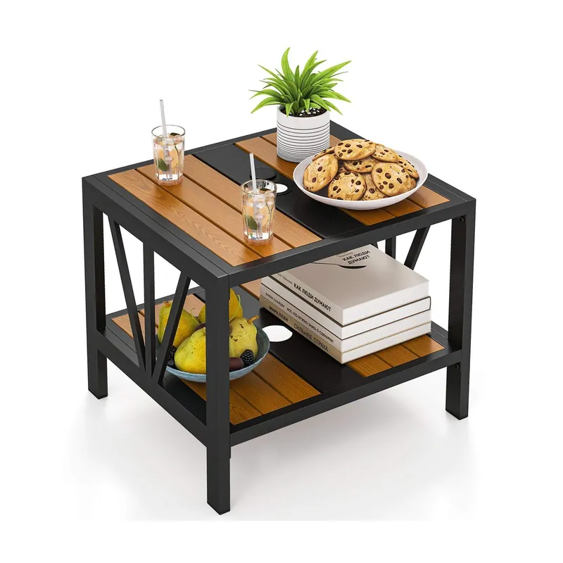 Sidobord för utomhusbruk med parasollhål – metall, 2 nivåer, 52x46x45 cm Erbjudande
