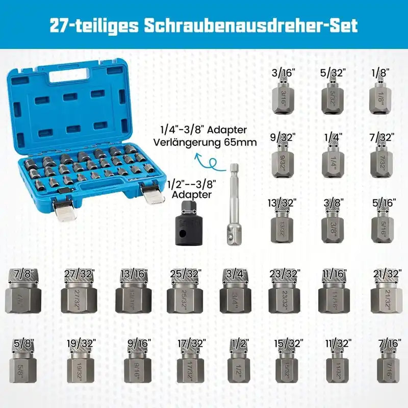 Utförsäljning 27-delars skruvutdragarsats, Cr-Mo-stål, 1/8"-7/8"